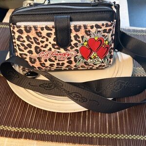 Ed Hardy Animal Print Crossbody Bag with Heart Accents